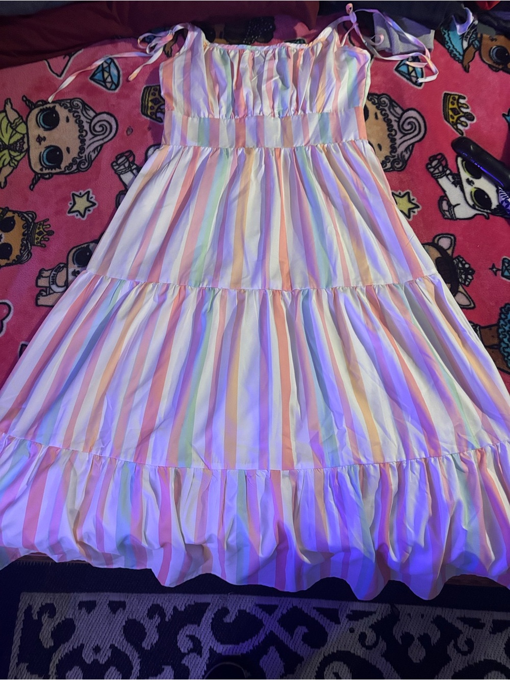 SHEIN Pastel Rainbow Stripe Tiered Sundress with Tie Straps